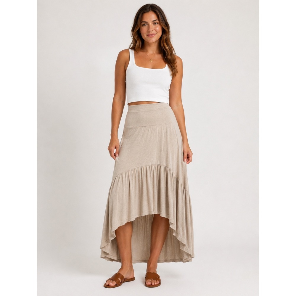 Poof High Low Maxi Skirt Womens Small Oatmeal Heather Ruffle Tiered Jersey Boho
